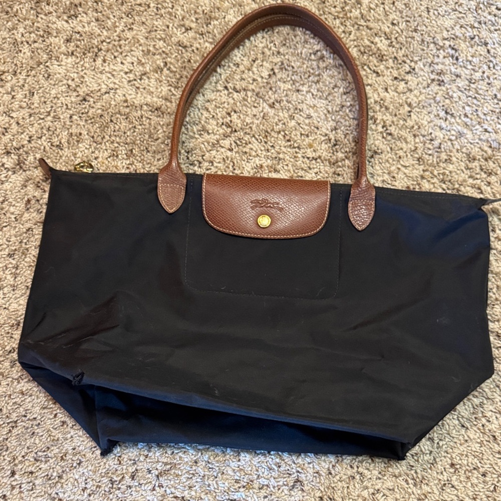 Longchamp Black Tote with Brown Leather Trim